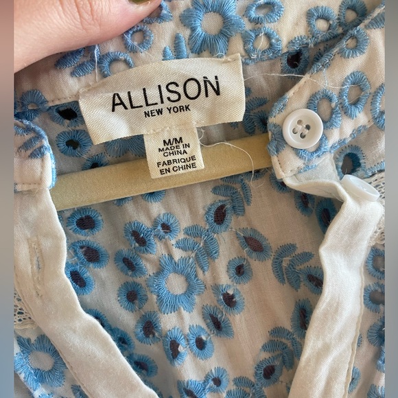 Floral Eyelet Embroidered Button-Up Blouse - Light Blue & White Sleeve - Picture 5 of 6